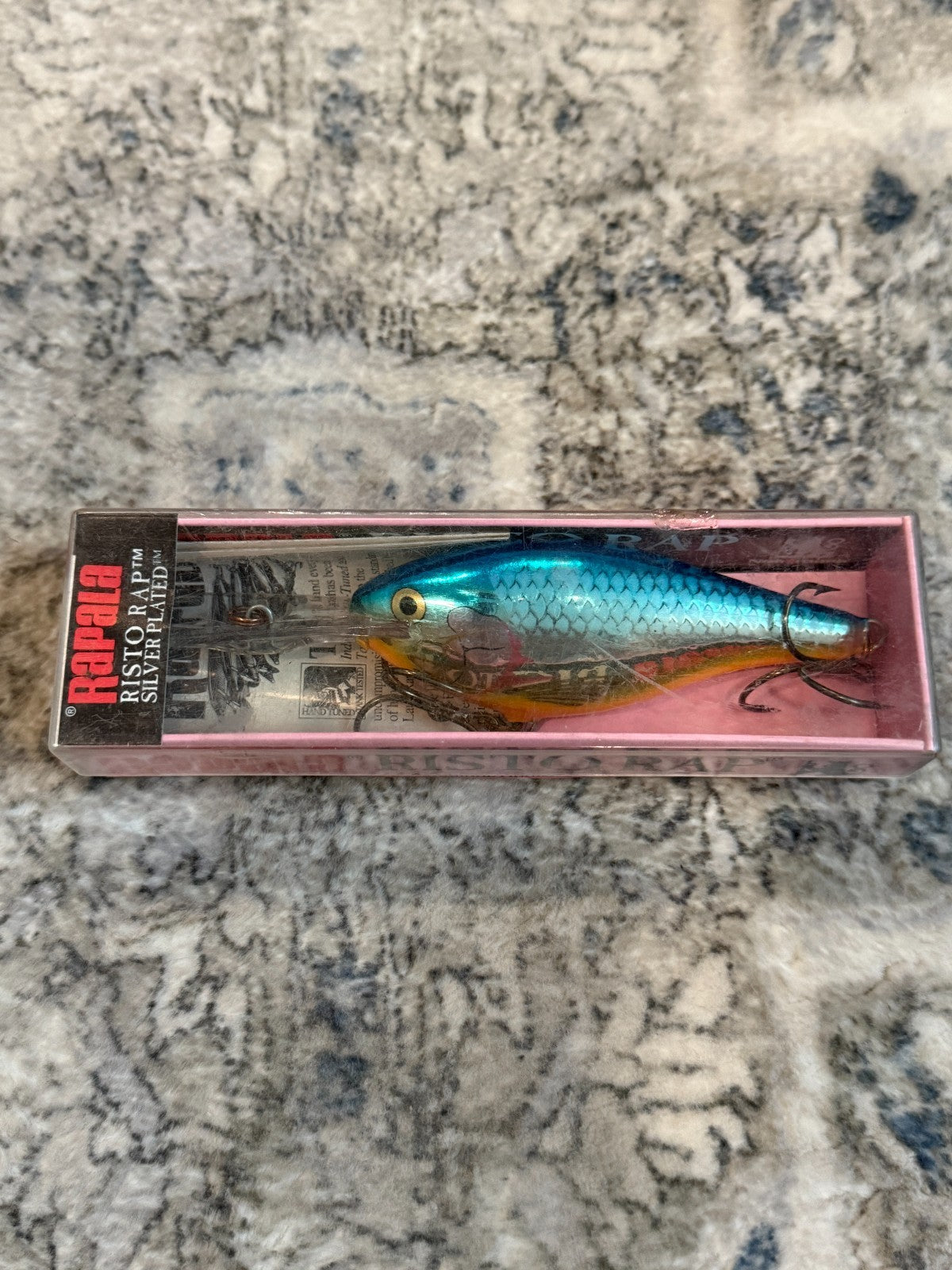 Vintage Rapala Risto Rap Deep Runner in silver blue with gold scale pattern in original box